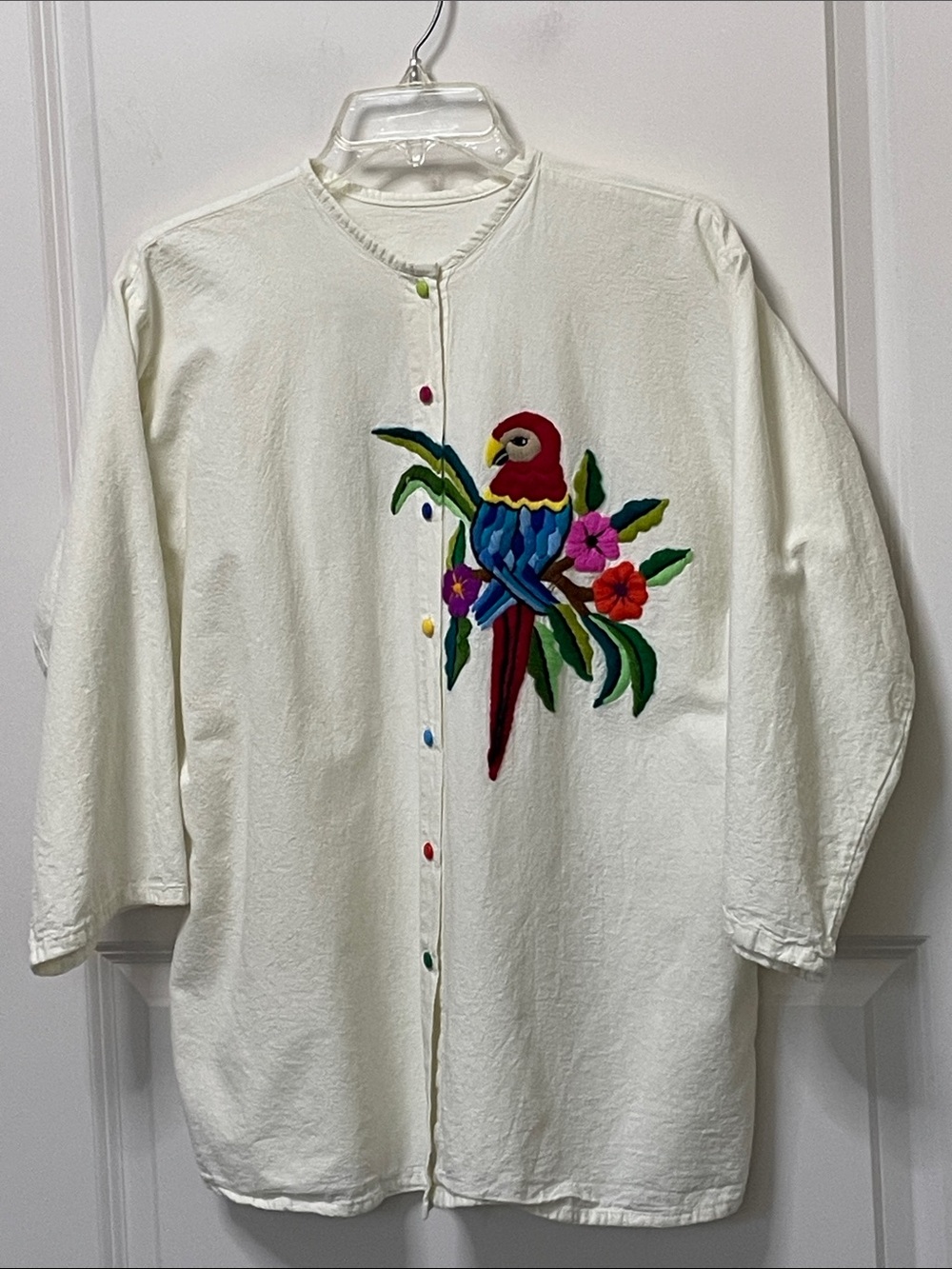 Handmade Embroidered Parrot Button Front Shirt Large Fun Artsy Bird Lovers